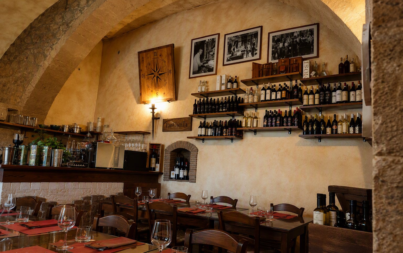 La sala con la parete di bottiglie di vino dietro il banco