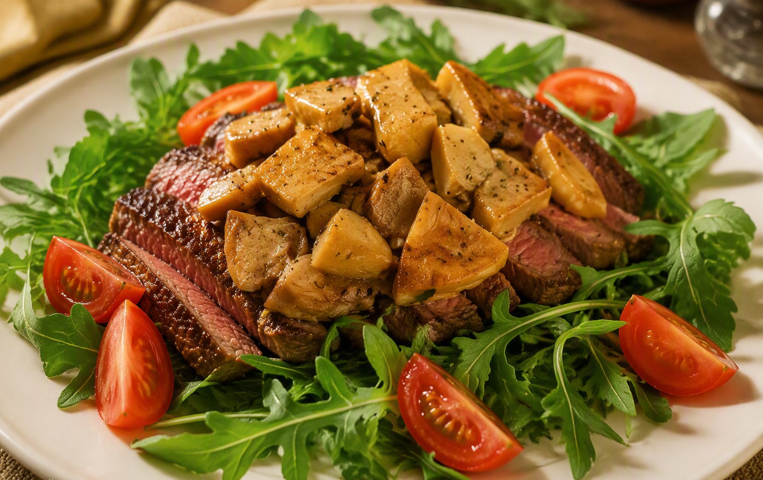 Tagliata di manzo con funghi porcini su rucola
