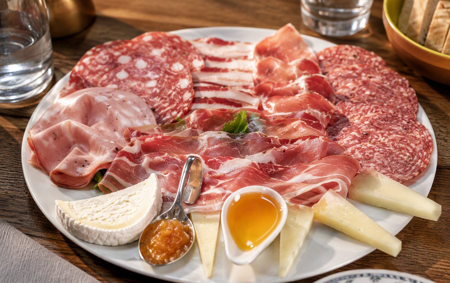 Tagliere misto di salumi e formaggi con miele e mostarda